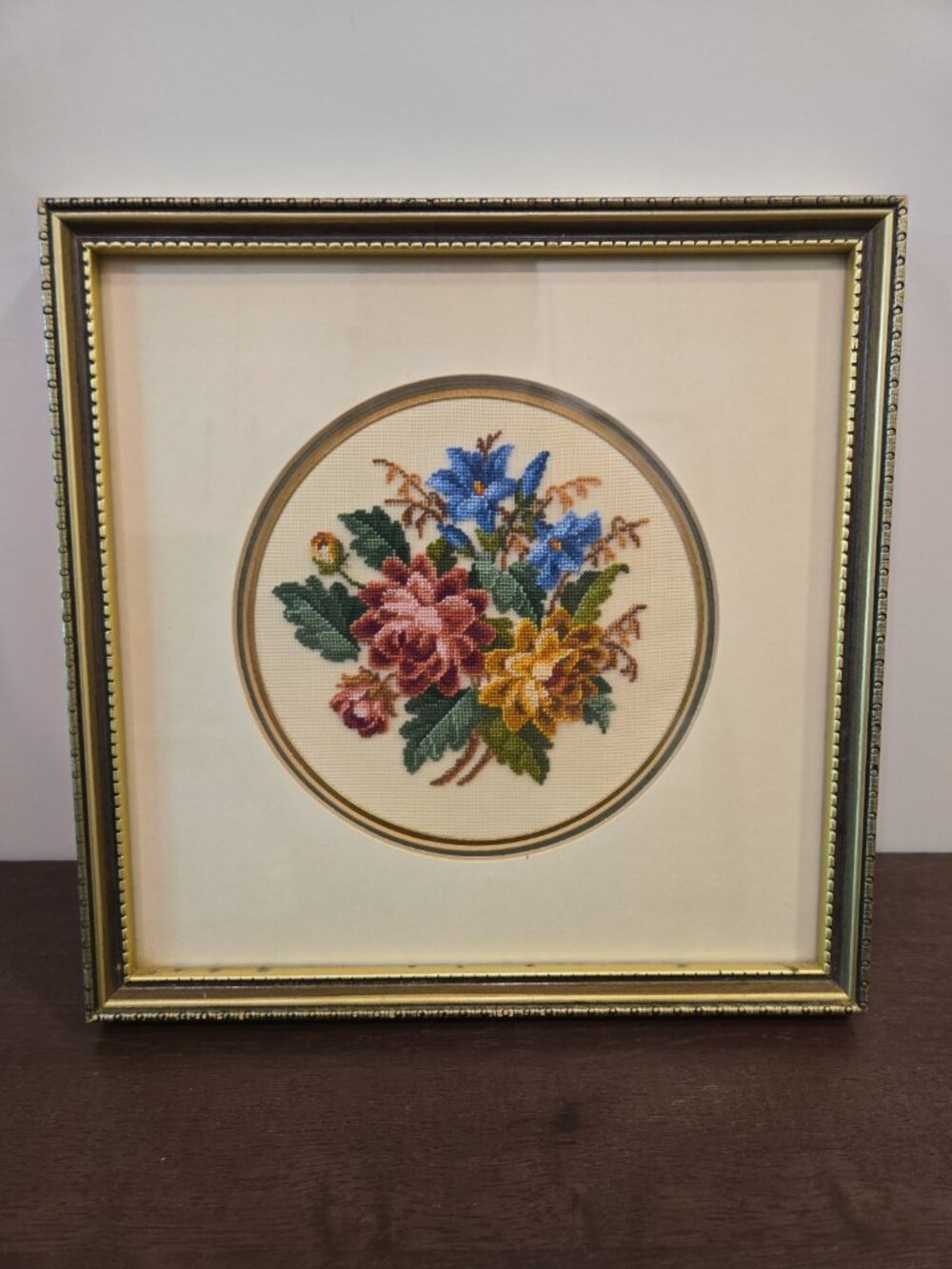 Vintage Petit Point Floral Crosstitch Pattern Art In Gold Frame